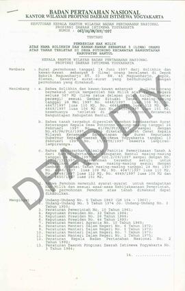 Surat Keputusan Kepala   Kantor Wilayah BPN Provinsiinsi DIY No : 067/SK/HM/BPN/1997, tanggal 8 A...
