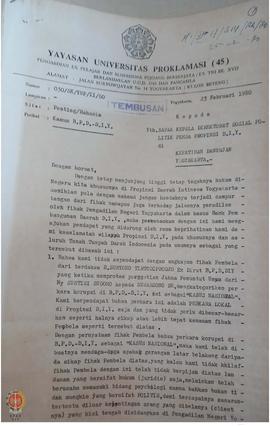 Surat Ketua Yayasan Universitas Proklamasi 1945 Nomor 030/SK/YUP/II/80 kepada Kepala Direktorat S...