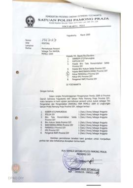 Surat dari Satuan Polisi Pamong Praja DIY kepada Ketua  Panwaslu Provinsi DIY  perihal permohonan...
