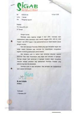 Surat  dari SIGAB/Sasana Integrasi dan Advokasi Difabel perihal pengantar laporan kompilasi data ...