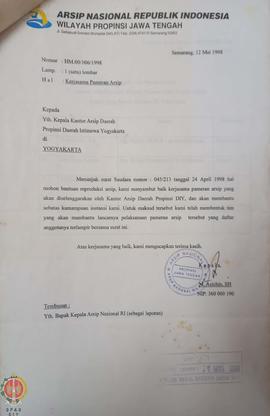 Surat dari Kepala Arsip Nasional Republik Indonesia Wilayah Provinsi Jawa Tengah kepada Kepala Ka...