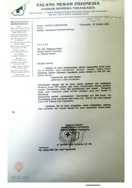 Surat dari ketua PMI DIY kepada ketua PMI Pusat perihal koordinasi distribusi bantuan periode 20 ...