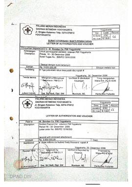 Surat otorisasi/bukti pembayaran untuk pembayaran perdiem relawan PMI Yogyakarta periode 16 s.d 3...