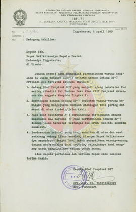 Surat dari Kepala BP-7 Provinsi Daerah Istimewa Yogyakarta kepada Walikotamadya Kepala Daerah Kot...