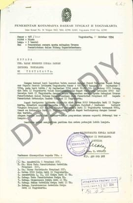 Surat dari Pemkot Yogyakarta kepada Gubernur Daerah Istimewa Yogyakarta tentang penyerahan secara...