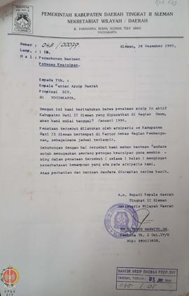 Surat dari Skeretaris Wilayah Daerah Tingkat II Sleman kepada Kepala Kantor Arsip Daerah Provinsi...