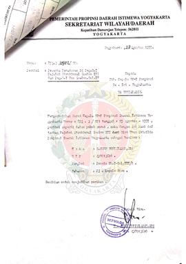 Surat dari Kepala Biro Sekretariat Wilayah Daerah Pemerintah Provinsi Daerah Istimewa Yogyakarta ...