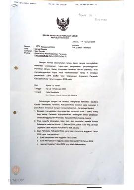 Surat dari  Bawaslu kepada  Ketua  Panwaslu Provinsi DIY perihal rapat kerja kesekretariatan Banw...