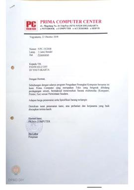 Surat  dari Prima Computer Center kepada Panwaslu DIY tentang penawaran program pengadaan perangk...