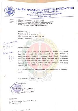 Surat dari Direktur Akademi Manajemen Informatika dan Komputer (AMIK) Wira Setya Mulya kepada Kep...