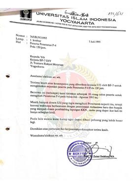 Surat dari Rektor Universitas Islam Indonesia Yogyakarta kepada Kepala BP-7 Daerah Istimewa Yogya...
