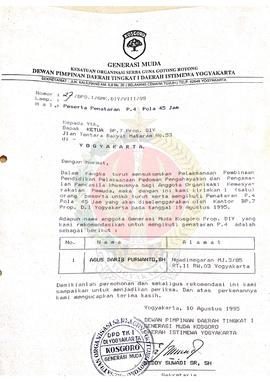 Surat dari Dewan Pimpinan Daerah Tingkat I Generasi Muda KOSGORO Daerah Istimewa Yogyakarta kepad...
