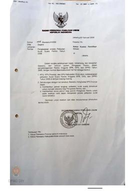 Surat dari Bawaslu untuk Ketua  Panwaslu Provinsi DIY perihal pengawasan proses pelipatan surat s...