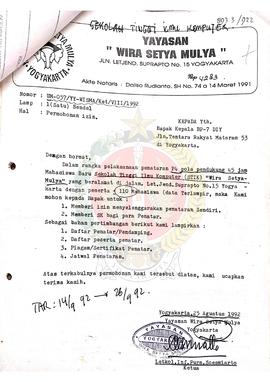 Surat dari Ketua Yayasan Wira Setya Mulya Yogyakarta kepada Kepala BP-7 Daerah Istimewa Yogyakart...