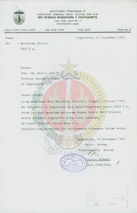Surat dari Kepala Bidang penyelenggara siaran Radio Republik Indonesia (RRI) Nusantara II Yogyaka...