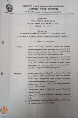 Surat Kepala Kantor Arsip Daerah Provinsi Daerah Istimewa Yogyakarta nomor: 08/KEP/1999 tentang p...