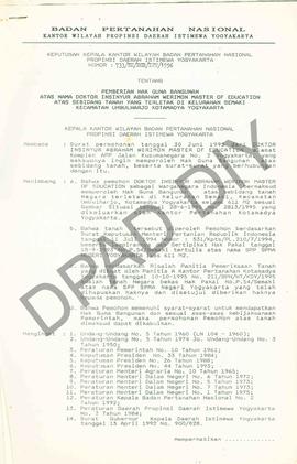 Surat Keputusan Kepala Kantor Wilayah Badan Pertanahan Nasional Provinsi DIY. No : 733/SK / HGB /...