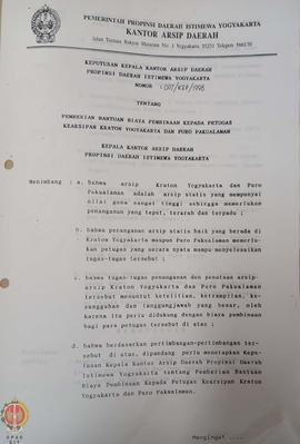 Surat Keputusan Kepala Kantor Arsip Daerah Provinsi Daerah Istimewa Yogyakarta No: 007/KEP/1998 t...