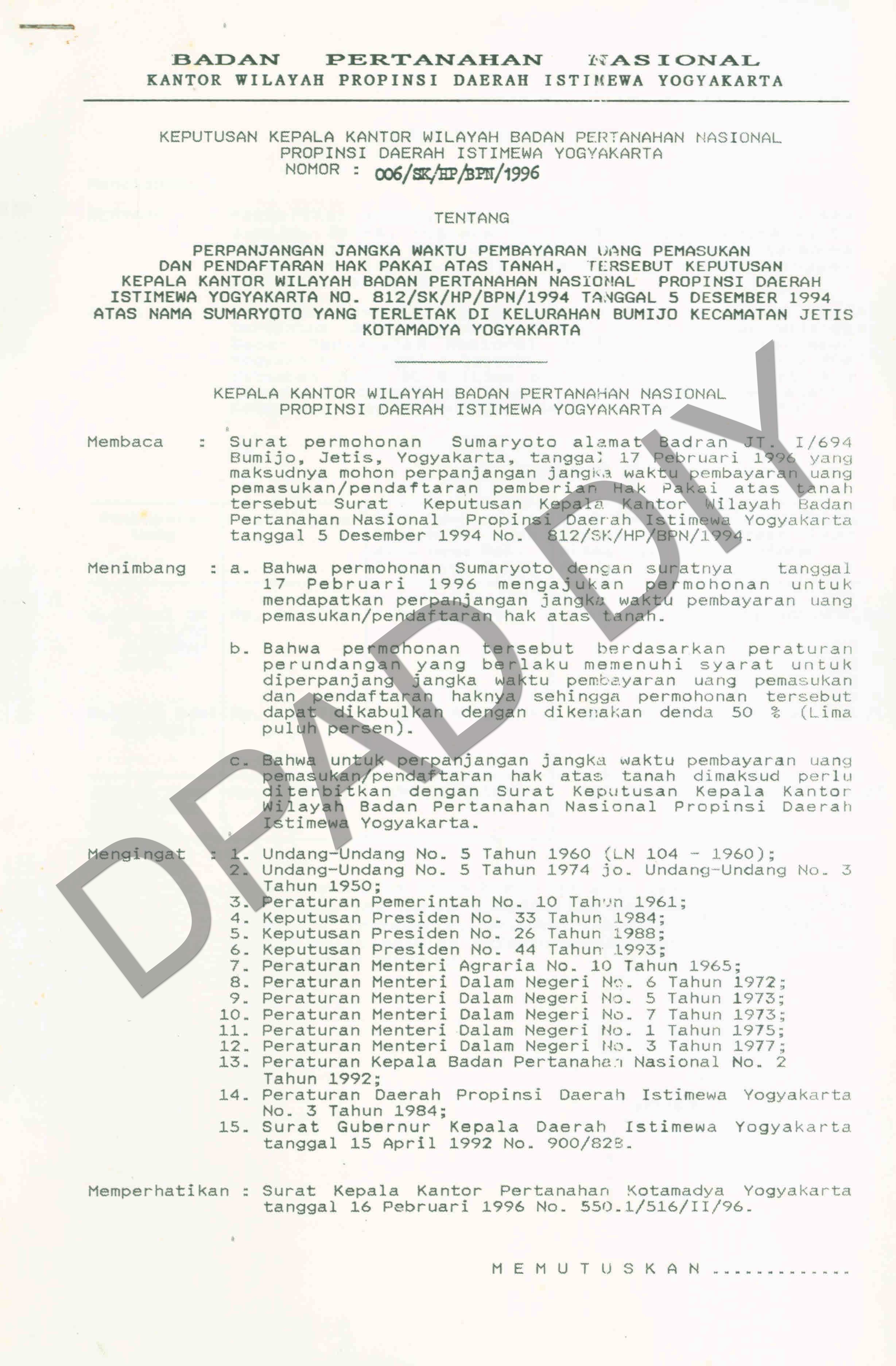 Surat Keputusan Kepala Kantor Wilayah Badan Pertanahan Nasional ...