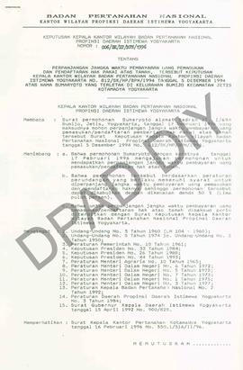 Surat Keputusan Kepala Kantor Wilayah Badan Pertanahan Nasional Provinsi DIY. No : 006/SK / HP / ...