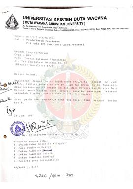 Surat dari Rektor Universitas Kristen Duta Wacana kepada Kepala BP-7 Provinsi Daerah Istimewa Yog...
