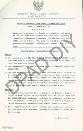 Surat Keputusan Gubernur DIY Nomor: 05/KPTS/I.LP/1986 tentang pemberian perpanjangan ijin lokasi ...