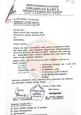 Surat dari Dewan Pimpinan Golongan Karya Dati II Kabupaten Sleman kepada Kepala BP-7 Provinsi Dae...