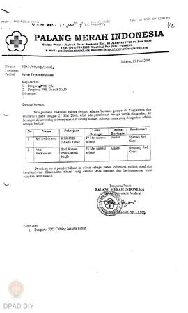 Surat pemberitahuan No. 2912/UM/VI/2006 penugasan relawan pasca bencana gempa di Yogyakarta dan s...