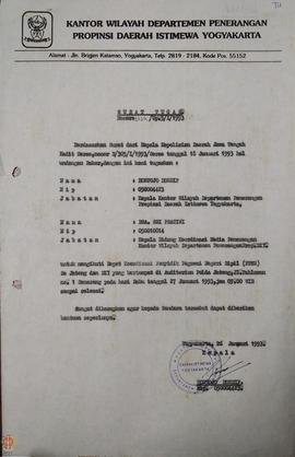 Surat Tugas Nomor : 131/K/Up.5/I/1993 kepada Bapak Hoetojo Hoerip Kepala Kantor Wilayah Departeme...