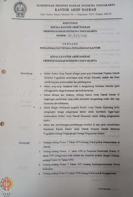 Surat Keputusan Kepala Kantor Arsip Daerah Provinsi Daerah Istimewa Yogyakarta Nomor: 002/KEP/199...