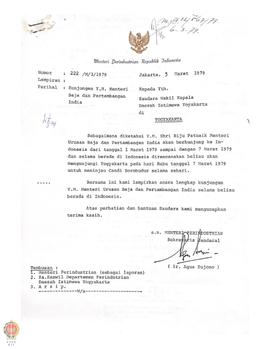 Surat dari Menteri Perindustrian kepada Wagub DIY tentang kunjungan YM. Menteri Baja dan Pertamba...