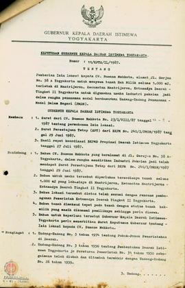 Keputusan Gubernur Kepala DIY Nomor : 11/kpts/IL/1986 tentang pemberian ijin lokasi CV Busana Mah...