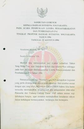 Sambutan Gubernur Kepala Daerah Istimewa Yogyakarta pada acara Pembukaan Lomba Pemasyarakatan dan...