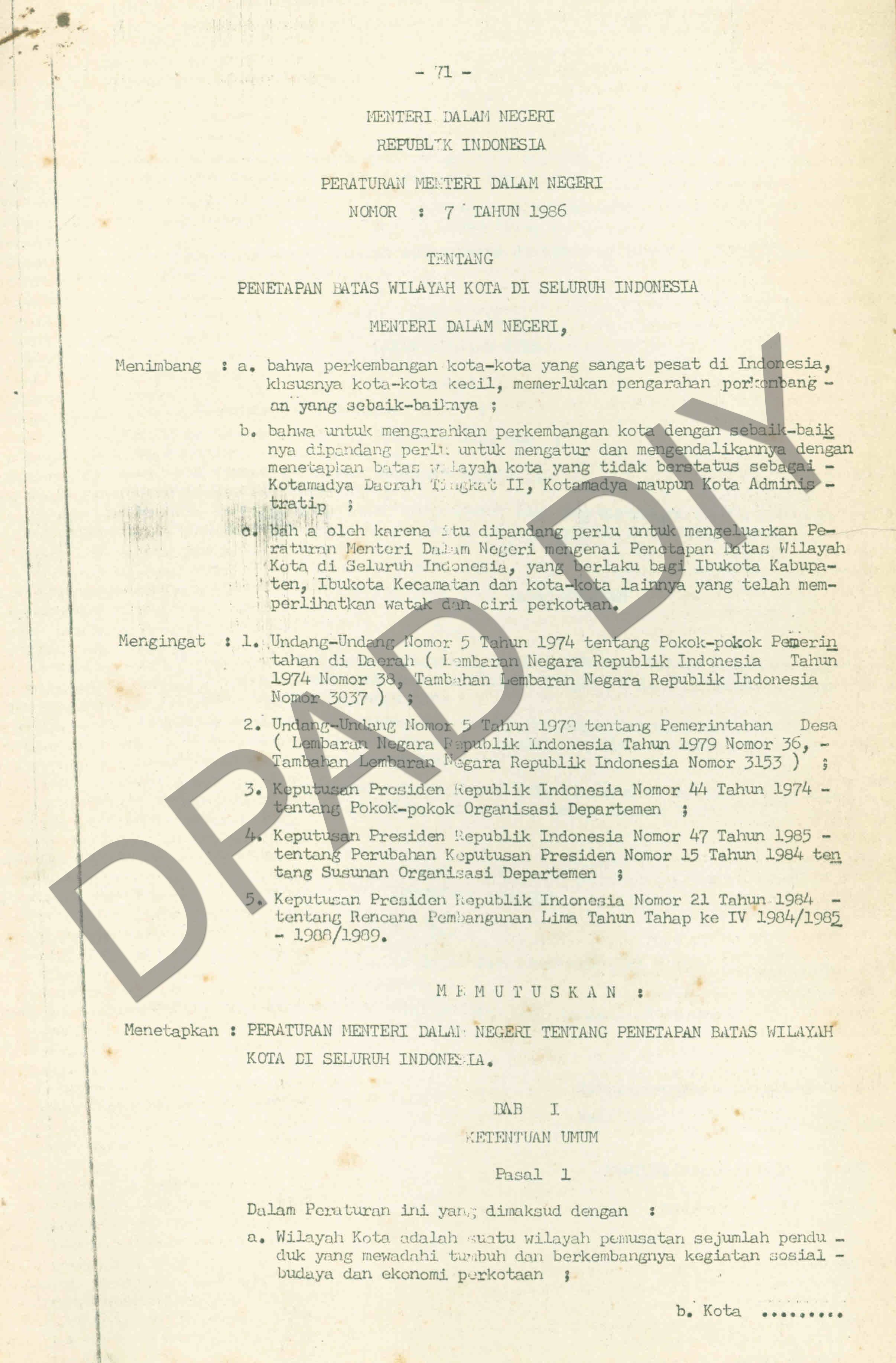 Surat Peraturan Menteri Dalam Negeri No : 7 Tahun 1986 Tanggal 29 ...