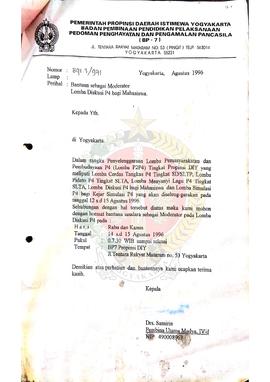 Surat dari Kepala BP-7 Pemerintah Provinsi Daerah Istimewa Yogyakarta kepada – mengenai permohona...