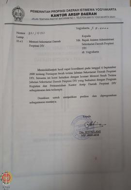 Surat dari Kepala Kantor Arsip Daerah Pemerintah Provinsi Daerah Istimewa Yogyakarta kepada Asist...