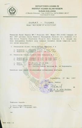 Surat Tugas Nomor IN/1/R/KP.07.6/1317/1997 dari RPJS Rektor IAIN Sunan Kalijaga Yogyakarta periha...