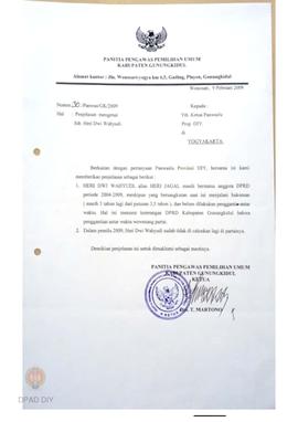 Surat dari Panitia Panwaslu Provinsi DIY perihal penjelasan mengenai Sdr. Heri Dei Wahyudi masih ...