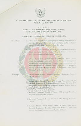 Keputusan Gubernur Kepala Daerah Istimewa Yogyakarta nomor: 198/KPTS/1996 tentang pembentukan kel...