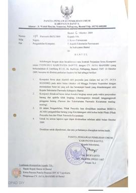 Surat dari Panwaslu Kabupaten Bantul No : 175 / Panwaslu. Btl / X / 2009 perihal  pedoman pengamb...