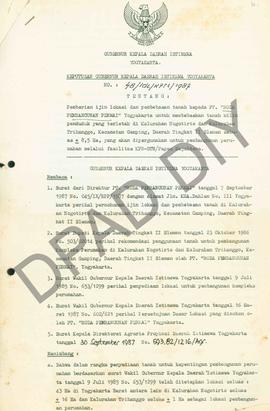 Surat Keputusan Gubernur Kepala DIY No. 48/Idz/KPTS/1987 tentang pemberian ijin lokasi dan pembeb...