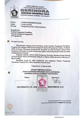 Surat dari DPD Gerindra Provinsi DIY mengenai pengiriman bukti untuk klarifikasi.