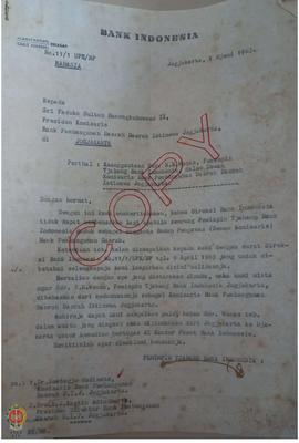 Surat perjanjian cabang Bank Indonesia kepada Sri Paduka Sultan Hamengku Buwono IX Presiden Komis...