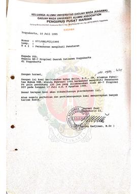 Surat dari Sekretaris II Pengurus Pusat Kagama Universitas Gadjah Mada kepada Kepala BP-7 Provins...