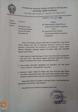 Surat dari Kepala Kantor Arsip Daerah Daerah Istimewa Yogyakarta kepada Sekretaris Wilayah/Daerah...