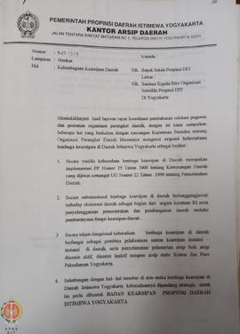 Surat dari Kepala Kantor Arsip Daerah kepada Sekretaris Daerah Provinsi Daerah Istimewa Yogyakart...