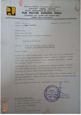 Surat dari Pemimpin Proyek P2AT Sub Proyek Gunungkidul No. HK. 04 tanggal 26 Juli 1979 kepada Wak...