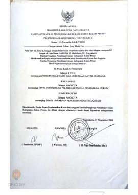 Berita Acara Pembentukan Ketua  dan Anggota Panitia Pengawas Pemilihan Umum Kabupaten Kulon Progo...