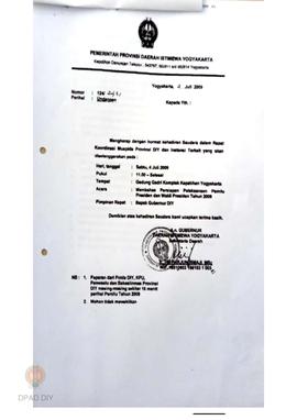 Surat dari Pemerintah Provinsi DIY kepada Ketua  Panwaslu Provinsi DIY undangan membahas persiapa...