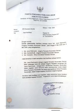 Surat mengenai hasil  klarifikasi kasus Sdr. Jarot Rahmanto anggota Panwaslu Kecamatan Sleman.